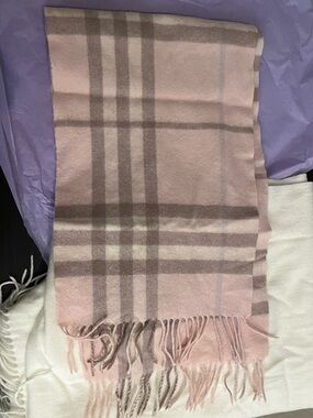 Soft Pink Plaid Fringe Scarf